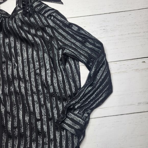 J.Crew Metallic Silk Blend Chiffon Mock Neck Top Black Stripe Tie Shirt Medium - Picture 7 of 9